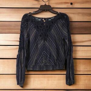 Free People Midnight Blue and Gold Lace Blouse